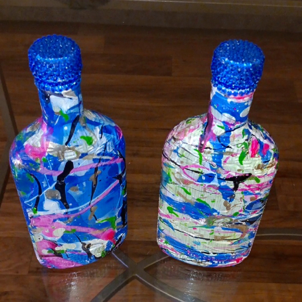 Abstract Blue and Pink Painted Bottles